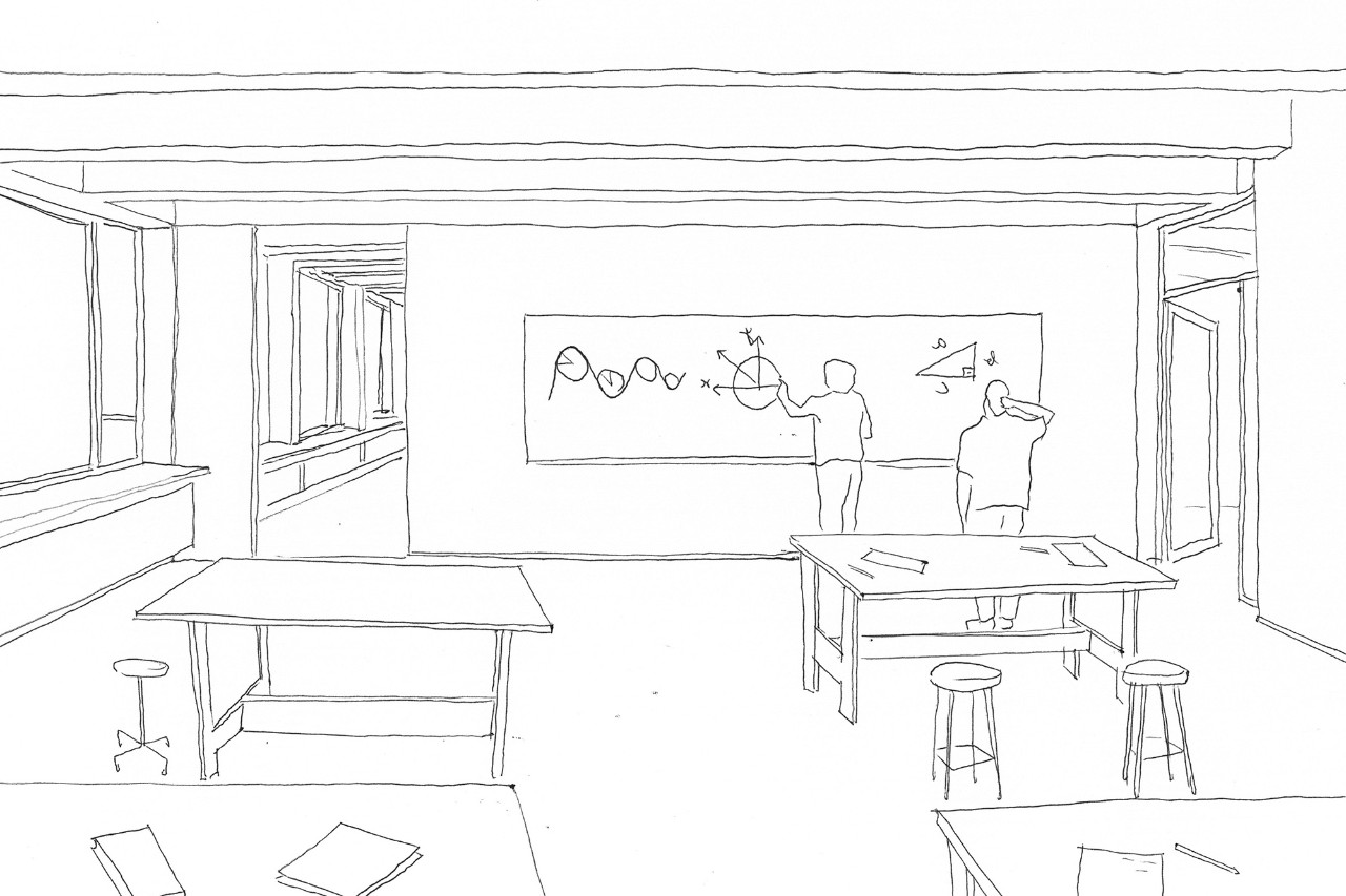 Visualisierung Schulanlage Tüffenwies Siegerprojekt TODOS JUNTOS ‒ Mehrzweckraum im 2. Obergeschoss (Visualisierung: Karl Naraghi, Zürich)